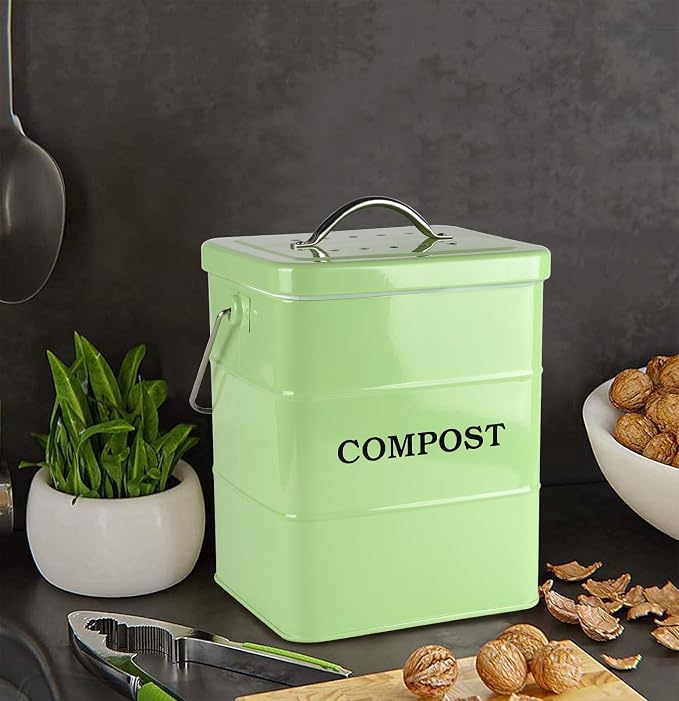 Compost Bin Kitchen Countertop Indoor Compost Pail Bucket, Great for Food Scraps, Carbon Steel, Handles, Green, 1 Gallon - Includes Charcoal Filter