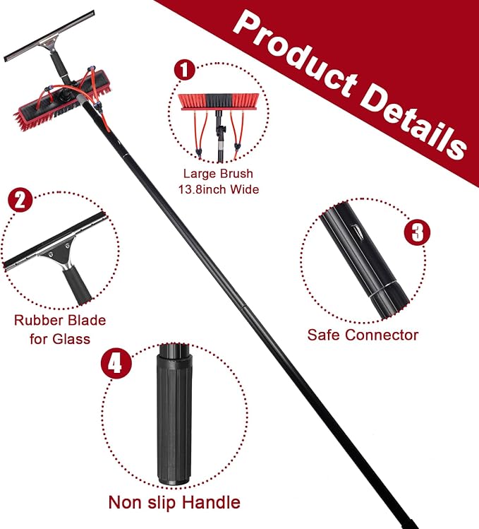 40ft Water Fed Pole Kit, Rotatable Solar Panel Cleaning Brush & Squeegee, 2 Dusting Brushes, Extendable Black Lightweight Pole for Roof Window