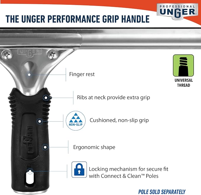 Unger Connect and Clean 16” Performance Window and Glass Cleaning Squeegee with Replacement Rubber, Cleaning Supplies, Heavy Duty Household Cleaner Tools with Streak-Free Results
