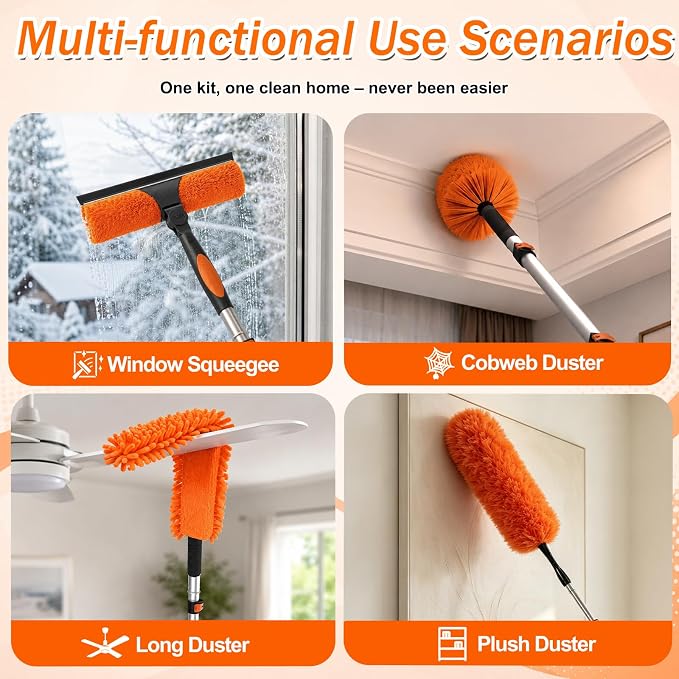 SISUPASSIE 26FT Reach High Ceiling Duster Kit, Window Cleaning kit with 5-20FT Extension Pole, Fan Duster for Ceiling Fan Blades, Microfiber Feather Duster, Rotatable Window Squeegee and Cobweb Duster