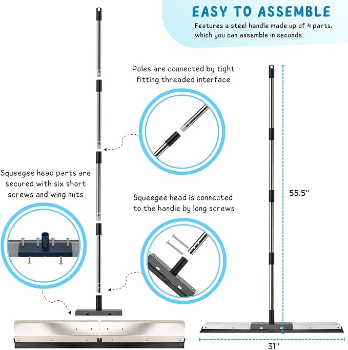 Floor Squeegee for Concrete Water Removal, 31'' Large Heavy Duty Water Pusher with Splash Guard for Garage, Deck, Driveway, Pool, Patio, Tile, 55.5’’ Long Handle Commercial Outdoor Rubber Squeegees