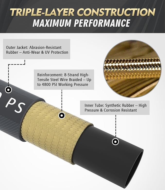 3/8" 4800PSI Pressure Washer Hose 100FT with 360° Swivel Quick Connect, Flexible & Kink Resistant Steel Wire Braided & Durable for Hot/Cold Water, High Power Washer Hose With M22 14mm Adapter