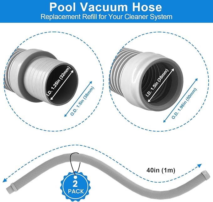 Poolvio Pool Vacuum Hose 2-Pack, Spare & Replacement, 40" Flexible Spiral-Wound Hose with 1.5" Male & Female Cuff Ends, Compatible with Most Inground Pool Automatic Cleaners, Gray