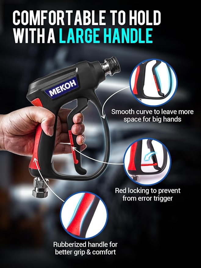 MEKOH Short Pressure Washer Gun with Swivel, 5000 PSI High Power Washer Spray Gun, 10 GPM Foam Gun with 3/8" Quick Connect, M22-14mm for Extension Wand, Hose, Pressure Washer Handle with 5 Nozzle Tips