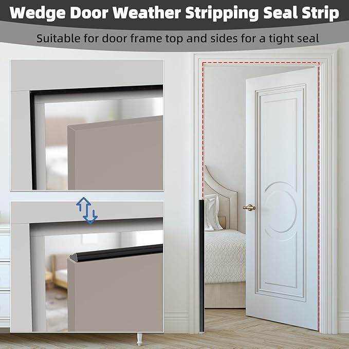 2Pcs×196" Wedge Weather Stripping Door Seal Strip for Door Frame & Window,Self Adhesive Window Insulation Draft Stopper Seal for Winter,Gray Foam Door Gap Filler for Soundproofing Light Blocker,Black