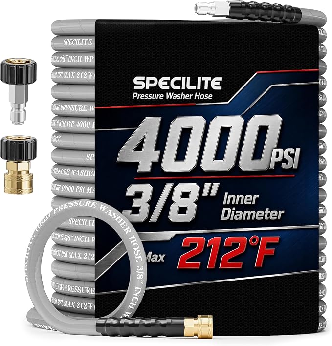 SPECILITE 100FT X 3/8" Pressure Washer Hose for Hot & Cold Max 212℉, 4000 PSI High Durability Steel Braided Layer Power Washer Hoses with 2 M22-14mm QC Adapters, Heavy Duty and Kink Resistant