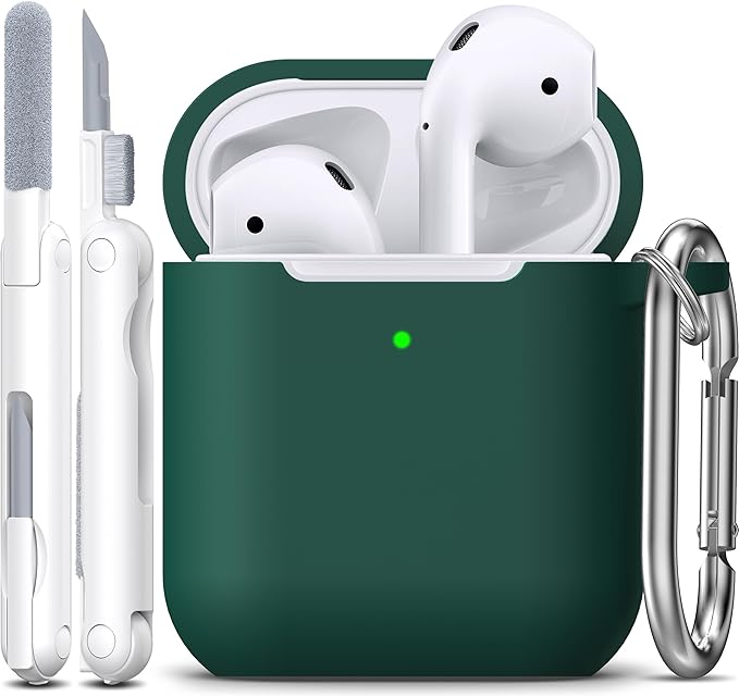 R-fun for AirPods 1/2 Case, Soft Silicone Protective Cover with Keychain and Cleaning Pen, Compatible with AirPods 2nd/1st Generation (2016/2019), Full Drop Protection Cover, Black Green