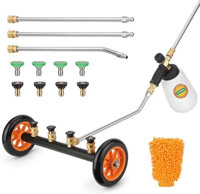 2-in-1 16’’ Undercarriage 4000 PSI Pressure Washer Water Broom with Bottle | Universal Car Pressure Washer with 8 Replaceable Nozzles/Foam Washer/Mitten, Surface Cleaner for Car Wash, Driveway, Sidewalk