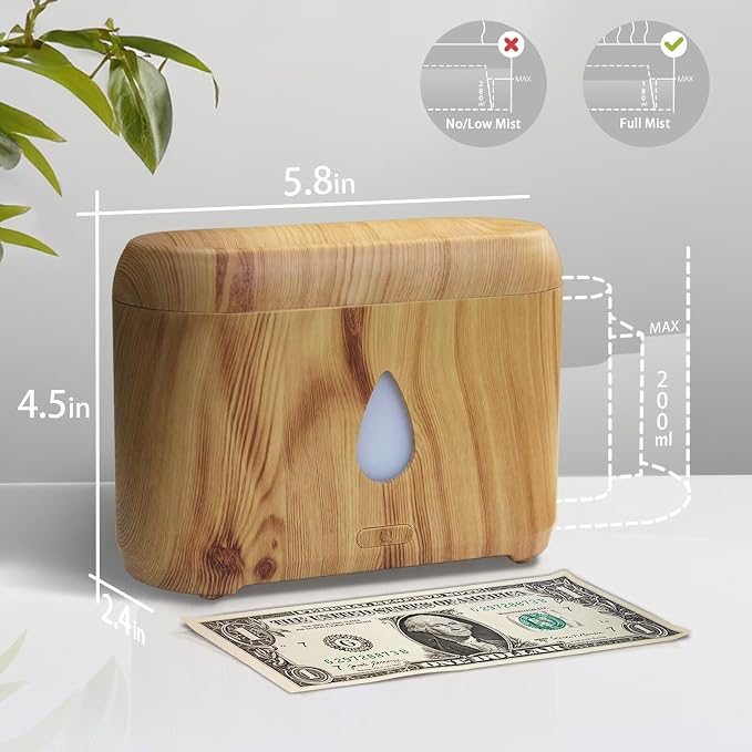 Flame Diffuser for Essential Oils, 200ml Ultrasonic Aroma Diffusers with Cool Mist, Aromatherapy Diffuser with Auto-Off Protection, Small Humidifier for Home,Office,Bedroom,Gift (7 Colors Wood)