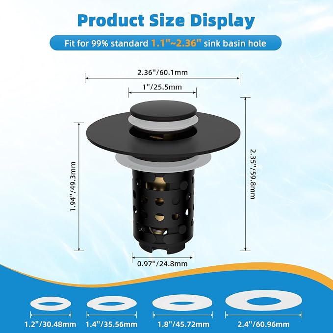 Universal Bathroom Sink Drain Stopper Hair Catcher, Matteblack | Upgraded with 2-Layer Detachable Filter Basket, 4 in 1 Pop Up Drain Strainer, Anti-Clog, Fit for 1.1''~2.36'' Sinks