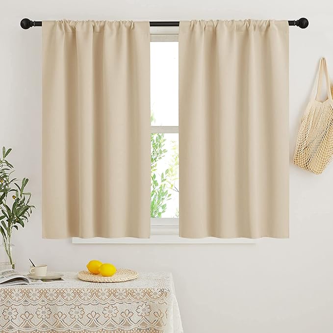 RYB HOME Small Window Curtains Blackout - Privacy Energy Saving Insulating Curtains Blinds for Bedroom Bathroom Basement Kids Nursery Kitchen, W 34 x L 48 inches, Biscotti Beige, 2 Panels