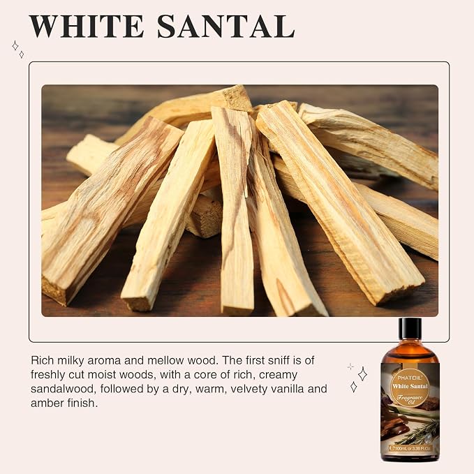 PHATOIL White Santal Fragrance Oil for Diffuser Aromatherapy 3.38FL.OZ | Long Lasting Scented Oils For Humidifier, Air Freshener, DIY Soap Candle, Scent Project Making, Aroma Oil for Home Freshening