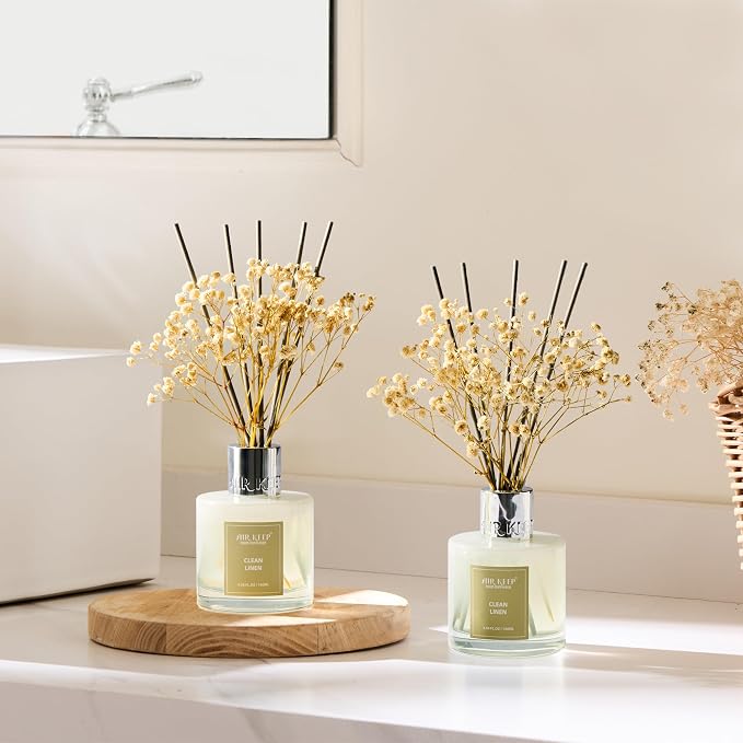 Reed Diffuser 3.38 oz (100ml) 2pk, Clean Linen Scented Reed Diffuser Set,Reed Diffuser & Oil Diffuser Sticks, Aromatherapy, Airkeep Reed Diffuser Set Box 2-Clean Linen