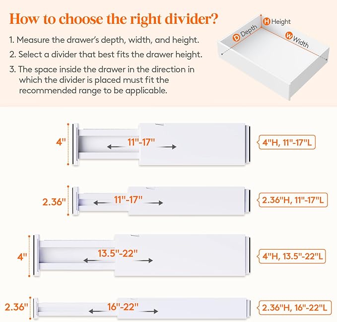 Lifewit 12 Pack Drawer Dividers 4" High,11-17" Adjustable Dresser Drawer Organizers for Clothes, Expandable Dresser Separators in Bedroom/Bathroom/Kitchen/Vanity/Office Organization and Storage, White