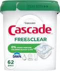Cascade Free & Clear Dishwasher Pods, Dishwasher Detergent, Dish Detergent Soap, Unscented, 62ct