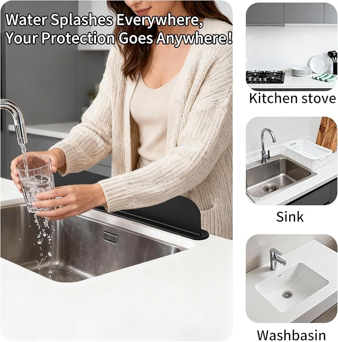 19.2inch(49cm) Silicone Sink Splash Guard, Sink Splash Guard with Suction Cup,Kitchen Sink Water Splash Guard, Kitchen Sink Splash Guard that Can Be Placed Behind (2, Black)