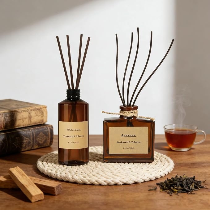 Reed Diffuser, Teakwood & Tobacco Essential Oil Refill | 6.8 oz (200ml) Musk Scented Oil, Handmade Home Air Freshener with Sticks, , Long-Lasting Room Scent for Office, Bathroom