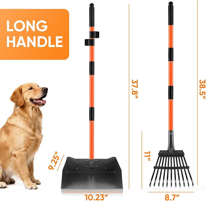 Pooper Scooper, Long Handle Dog Pooper Scooper for Medium Small Dogs Heavy Duty, Pet Supplies Stainless Metal Tray and Rake Set, Use on Grass, Dirt or Gravel, Large