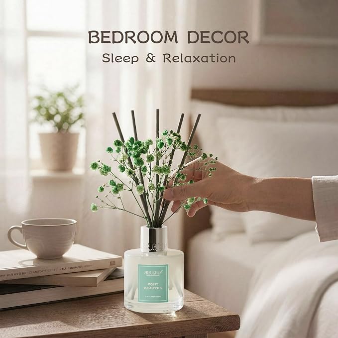 Reed Diffuser Set,3.38 fl oz (100 ml) - Moss Eucalyptus Oil Diffusers with 8 Reed Sticks, Home Fragrance Reed Diffuser for Bathroom Shelf Decor
