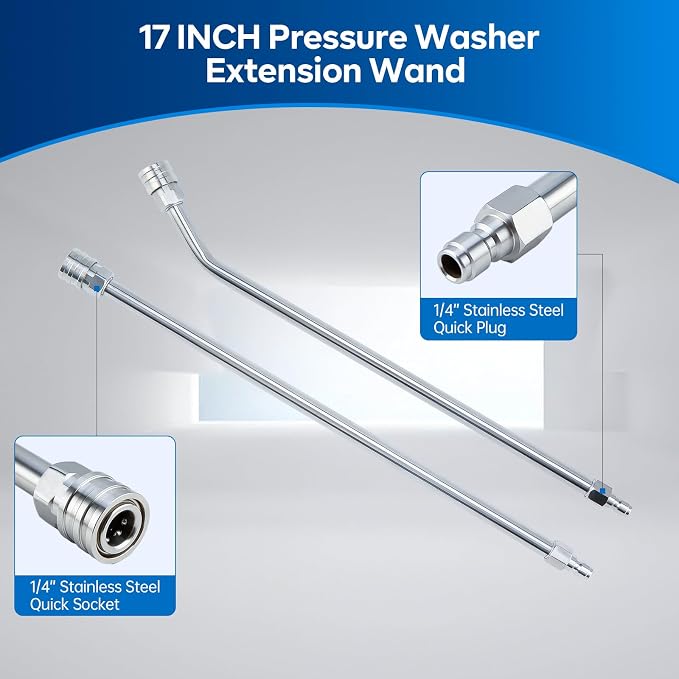AURORA CAR Pressure Washer Extension Wand, 17 Inch Stainless Steel, 2 Pack | 1/4 Inch Quick Connect Power Washer Wand Extension, 17" Straight Extension Lance and 30 Degree Curved Angled Extension Wand