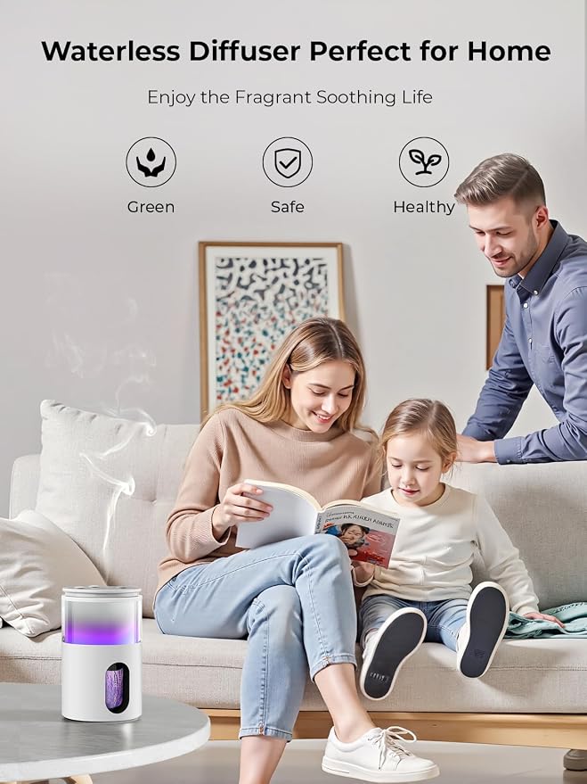 Waterless Essential Oil Diffuser: 𝟗-𝐂𝐨𝐥𝐨𝐫 𝐋𝐄𝐃 Snow White | Portable Scent Diffuser - No Water No Heat For Pure Aroma - 48H Battery 3 Mist Levels & 4 Timers for Car Office