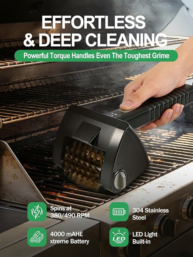 Electric Grill Brush, Cordless Rechargeable BBQ Cleaner with 4000mAh Battery, 2-Speed, LED Light, 304 Stainless Steel Removable Brush Head, Grill Clean Tool for Outdoor Grill