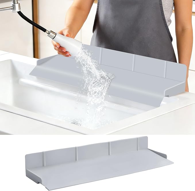 Full-Coverage Sink Splash Guard – 22.8 Inch Extra-High Ramp with Super Strong Suction Cups, Silicone Sink Splash Guard with Front-Edge Storage for Kitchen (Grey, 22.8''x4''x2.8'')