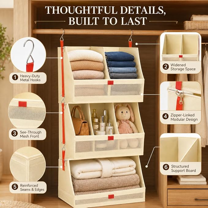 Hanging Closet Clothes Organizers and Storage Detachable 3 Tier Wider | Hanging Clothes Organizers for Bedroom,Dorm,RV,,Camper,See Through Front Panel,Space-Saving,Can Be Separated Individually