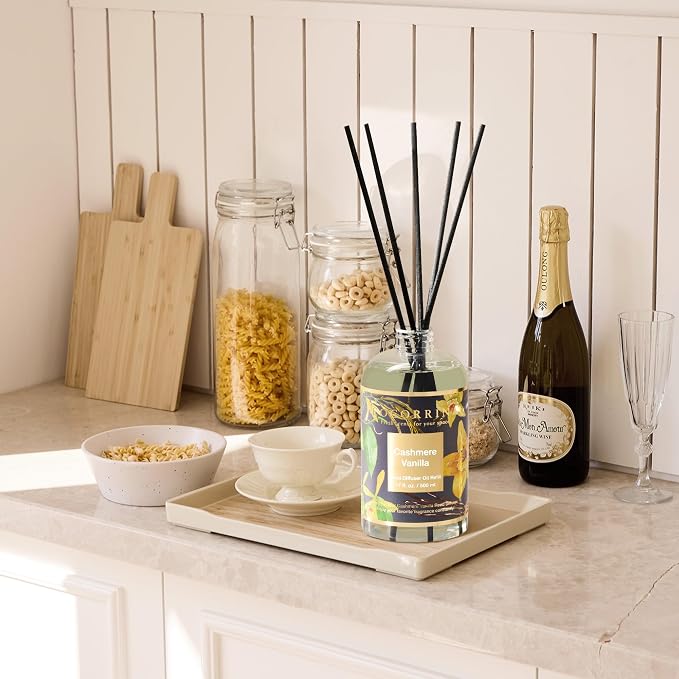 Reed Diffuser Refill Cashmere Vanilla 17oz (500ml) with 8 Rattan Sticks - Premium Long-Lasting Essential Oil, Home Fragrance for Bedroom, Bathroom Home Decor