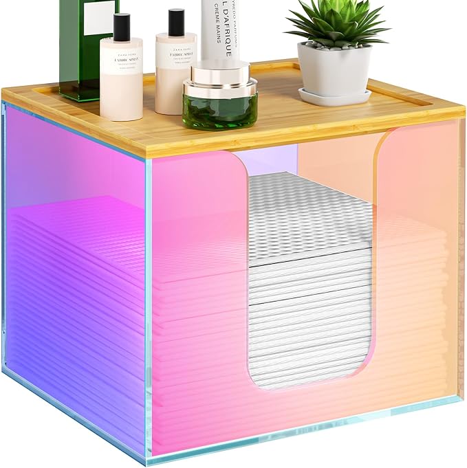 VITVITI Disposable Face Towel Holder for Clean Skin Club, Acrylic Box | Rainbow XL Face Towels Holder Container, Facial Towel Storage with Bamboo Lid, for Bathroom, Vanity Makeup