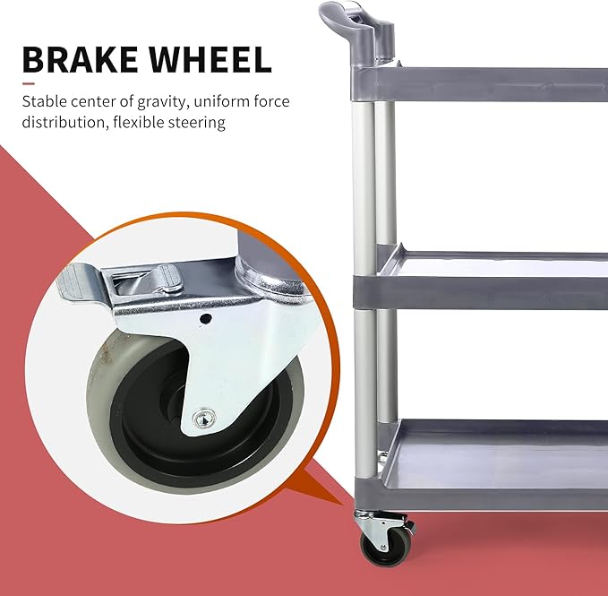 3-Tier Utility Rolling Cart with Wheels, Durable Catering carts with Wheels, Rolling Storage Cart for Hotel Canteen Resturant Office (Grey, 37" L x 16.54” W x 31.5" H) (Gray, 31.4"D x 16.5"W x 37.7"H)