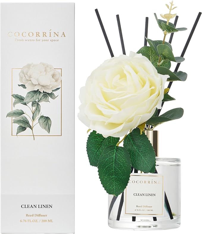 Flower Reed Diffuser - Clean Linen 6.7oz Scented Diffuser with Sticks Home Fragrance Essential Oil for Bathroom Shelf Decor (Artificial Flower)