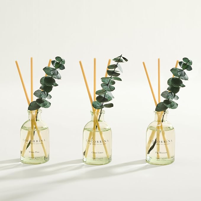 Reed Diffuser Set of 3 with Dried Eucalyptus for Home & Office | Clean Linen/White Pine/Fig Blossom Scents, Aromatherapy Scented Oil Diffusers, 1.7 oz Each, Total 5.1 oz