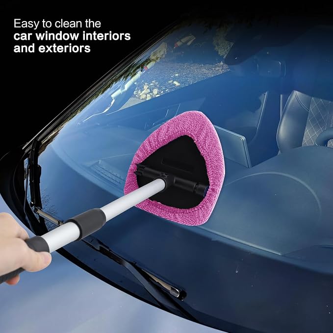 Windshield Cleaner Tool 22.5" L - Car Interior&Exterior Window Cleaning Kit with Extendable Handle&4 Microfiber Pads and Thick Large Wash Sponge, Auto Glass Wiper Brush Kit for Cars Home (7pcs Pink)