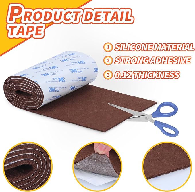 Felt Furniture Pads, Non Slip Self Adhesive Cuttable Felt Tape Brown Heavy Duty Felts Strip Roll for Protecting Hardwood Floors Chair Wall Protector (40 x 5 x 0.12 Inch)