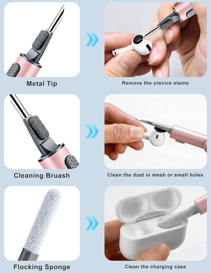 Cleaner Kit for Airpods, 2Pack Earbuds Cleaning kit for Airpods Pro 4 3 2 1, Multi-Function Cleaning Pen with Soft Brush Flocking Sponge for Bluetooth Earbuds, iPhone 17,16,Laptop, Camera (Pure white)