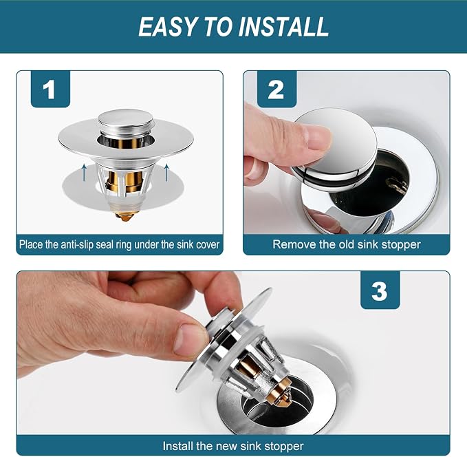 Universal Bathroom Sink Stopper - Upgraded Pop up Drain Strainer with Hair Catcher, Fits 1.1-1.5 Inch U.S. Standard Drain Holes - Anti-Clogging Filter - Pure Brass Construction