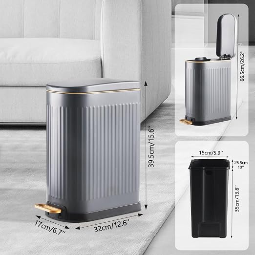 SYNCVIBE Slim Bathroom Trash Can with Soft Close Lid Stainless Steel Garbage Can Step Trash Bin with Removable Inner Bucket for Bedroom, Office, Kitchen (Matt Grey, 3.5 Gallons)