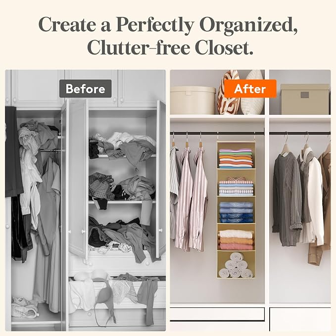 Lifewit 5 Tier Hanging Portable Closet Storage Organizer for Shelves, Beige | Foldable Clothes Shelf with 2 Sturdy Hooks, Sweater/Coat/Shoes Clothing Organization for Wardrobe, Dorm, Bedroom