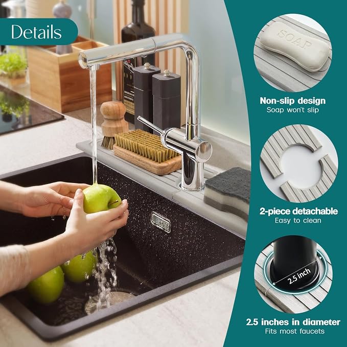 Eormoe Stone Faucet Mat for Kitchen Sink – Diatomite Drying Stone Mat & Sink Protector, Prevents Moisture – Sink Splash Guard Water-Absorbing Stone Tray for Bathroom Counter (Light Grey, 20" x 3.9")