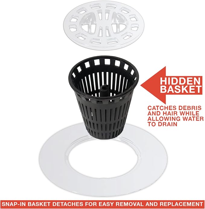 Danco Snap-in Shower Drain Cover with in-Drain Hair Catcher, 4-1/4" Round, White Strainer, (10533)