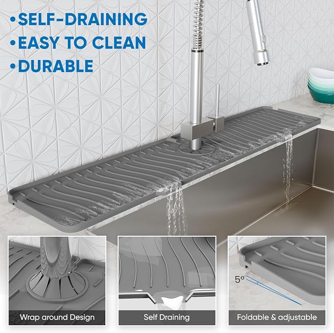 24 Inch Longer Faucet Mat for Kitchen Sink, Silicone Sink Faucet Mat Splash Guard 5° Slope Premium Kitchen Sink Splash Faucet Guard, Fast Self-Draining Mat (Grey)