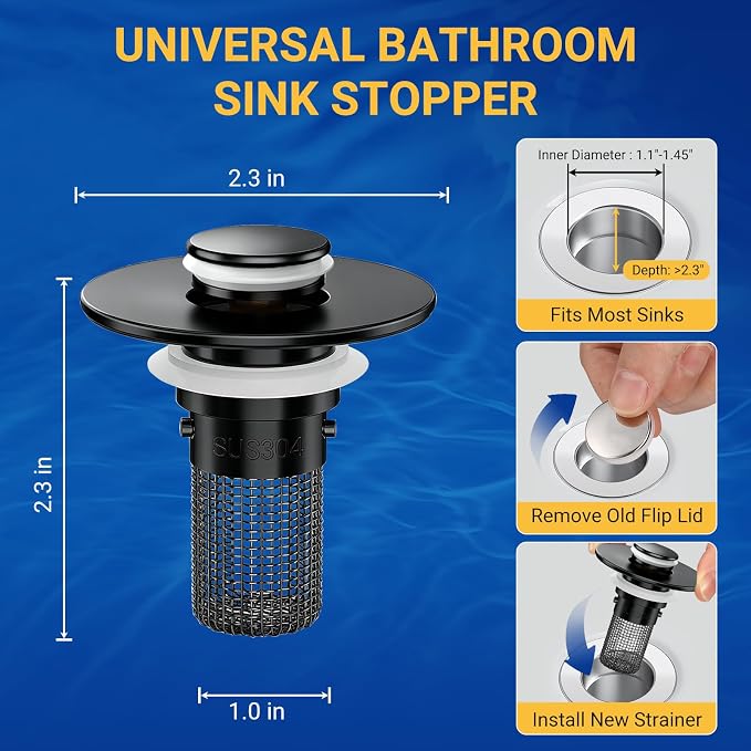 Bathroom Sink Drain Strainer, Pop-Up Bathroom Sink Stopper with Removable Stainless Steel Hair Catcher Basket, Universal Fit for US Bathroom Sinks, Showers & Floor Drains (1pcs-Black)