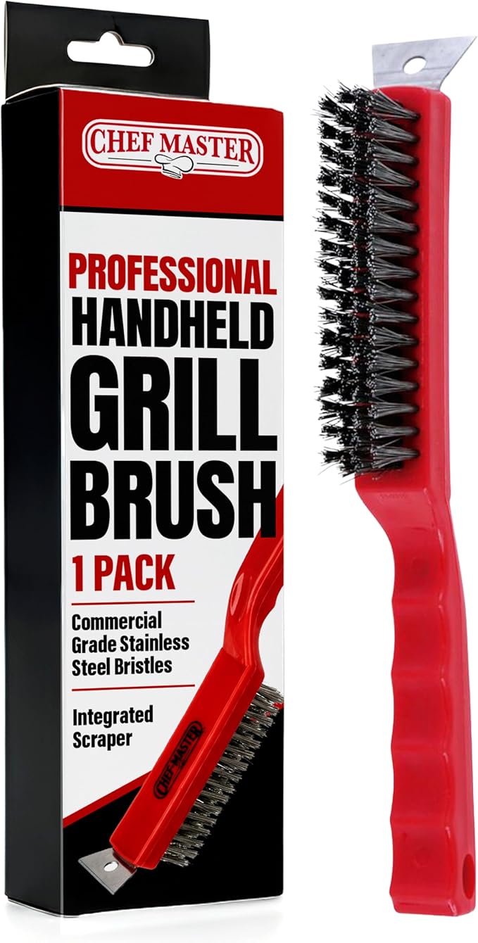 Chef Master Commercial Grill Brush with Scraper Head – Heavy-Duty Wire Bristle Cleaner - Commercial Grill Cleaner - Ergonomic Handle, Tool & Accessories - 90044