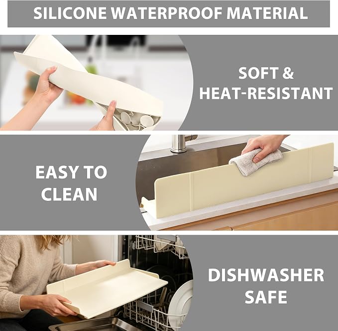 Full-Coverage Sink Splash Guard – 17.7 Inch Extra-High Ramp with Super Strong Suction Cups, Silicone Sink Splash Guard with Front-Edge Storage for Kitchen (White, 17.7''x4.7''x2.8')