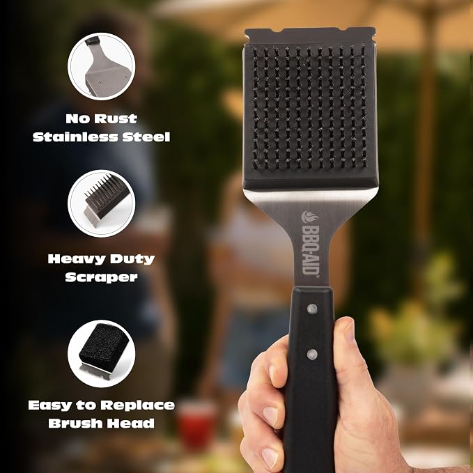 Grill Brush for Outdoor BBQ Grill Cleaning Scraper, Replaceable Head, Black | Barbecue Grill Cleaning Brush with No-Scratch Stainless Steel Bristles and Extended Black Handle, Safe for Any Grill Grate