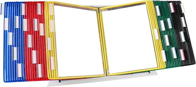 Tarifold Desktop Reference Display System, 50 Pockets, Expandable, Assorted | 50 double-sided PVC pockets, holds 100 letter-size sheets, sturdy metal base, quick-find indexing, quick and easy to assemble