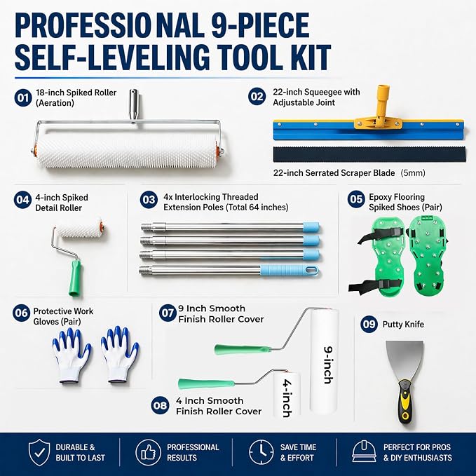 Complete Self-Leveling Concrete Tool Kit with Spiked Rollers | Includes 9 and 20 in spiked rollers, splash guard, extension poles, putty knife and spiked shoes