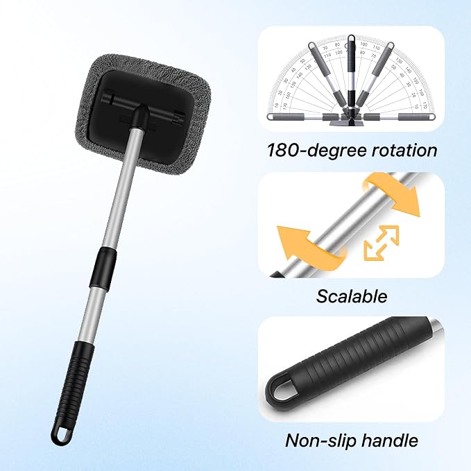 Car Windshield Cleaner Tool Kit with Extendable Handle, Vehicle Window Cleaner with 4 Microfiber Pads and 1 Empty Spray Bottle, Auto Windscreen Cleaning Tool, Universal Fit (Rectangular)