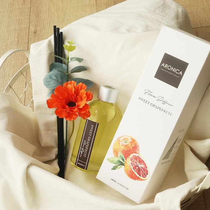 Grapefruit Reed Diffuser, Room Scent Diffuser with Red Flower, Difusor De Varillas, Aesthetic Room Decor, Apartment House Bathroom Essentials, Air Fresheners for Home Long Lasting